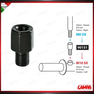 ADATTATORE PER SPECCHIETTO NERO RETROVISORE FILETTO Ø 8 MM DX > Ø 10 MM SX